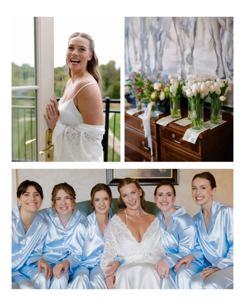 bridal getting ready photos, matching blue robes for bridesmaids and wedding flowers