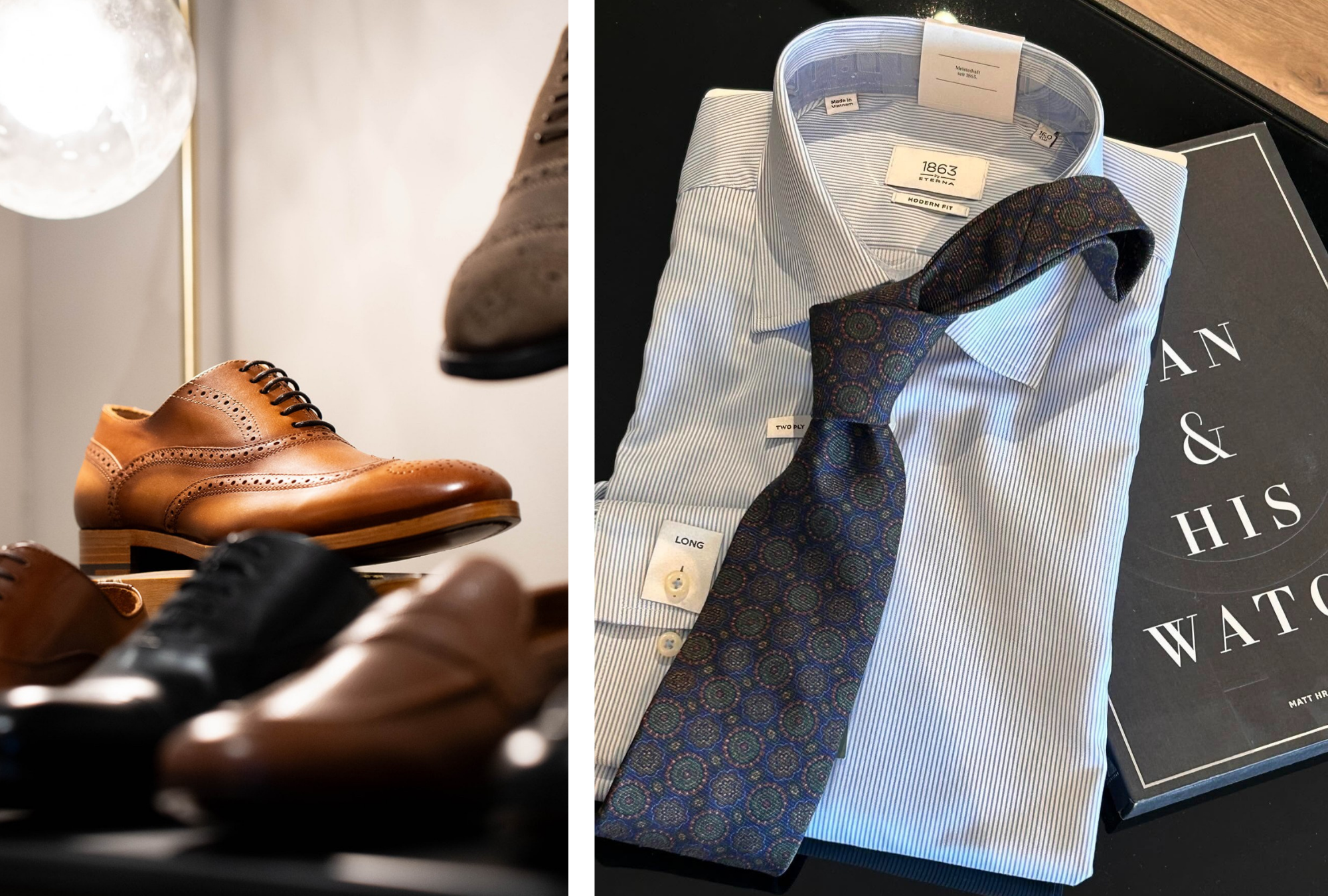 Luxury menswear details including handcrafted leather dress shoes, a patterned necktie, dress shirt, and custom accessories featured by Young & Squire in Greenville, Delaware.