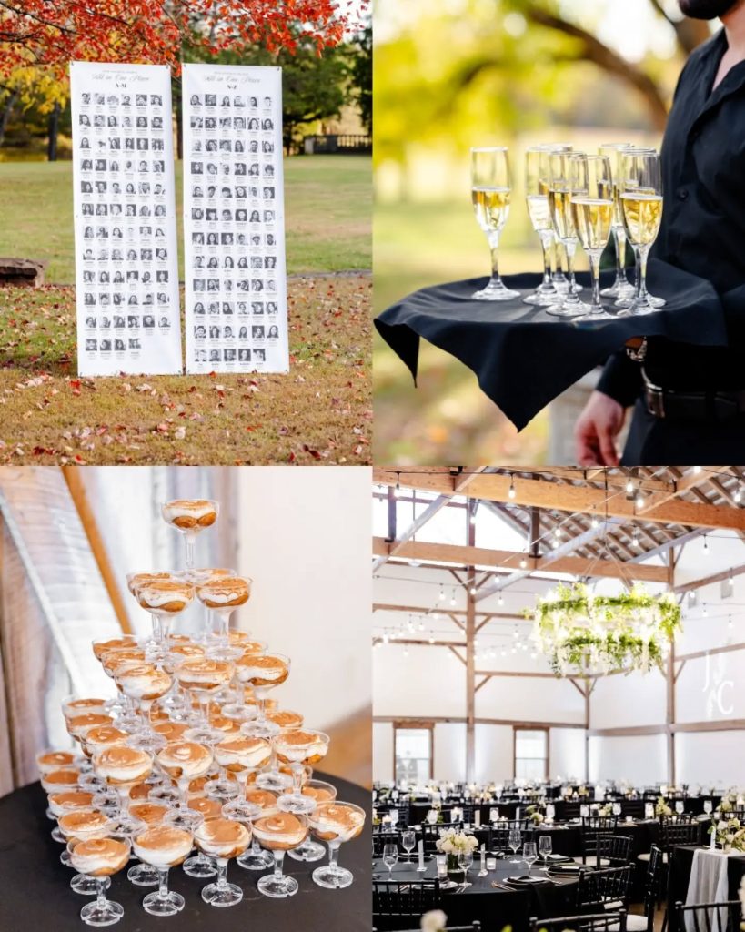 wedding reception details with seating chart featuring the couple with friends and family, a dessert tour and black and white decor at the inside of their reception space