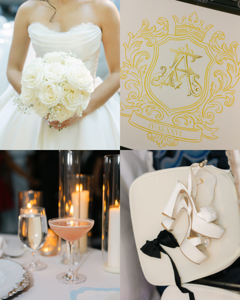 Wedding detail collage featuring the bride's white rose bouquet, custom wedding crest, signature cocktail with candlelight, and bridal shoes displayed during a Charlotte wedding.