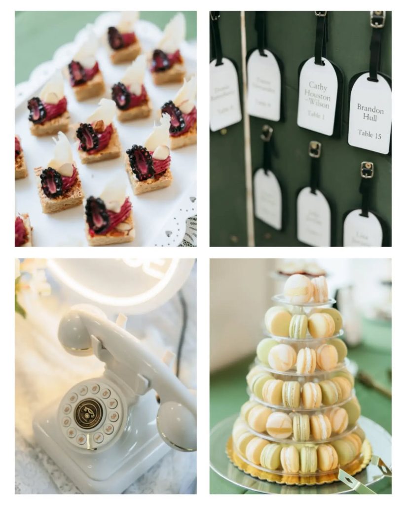 reception details of appetizers, guest name tags, telephone guest book and maccaroon
