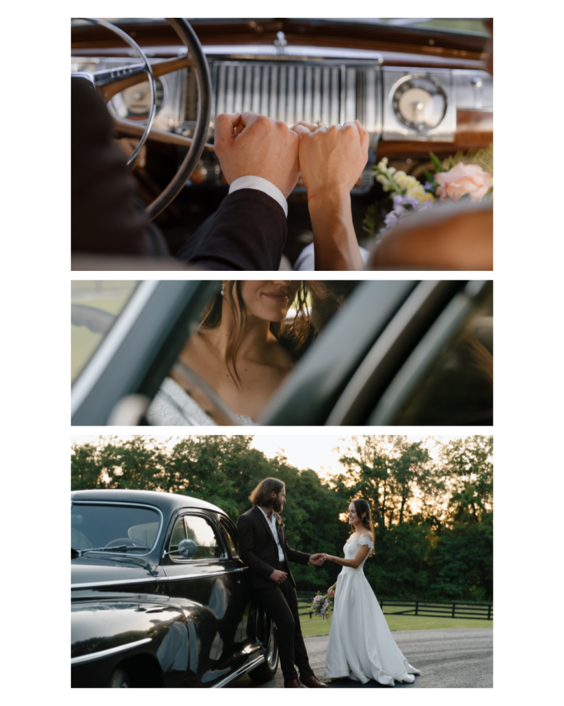 vintage car couple session holding pinkies and outside