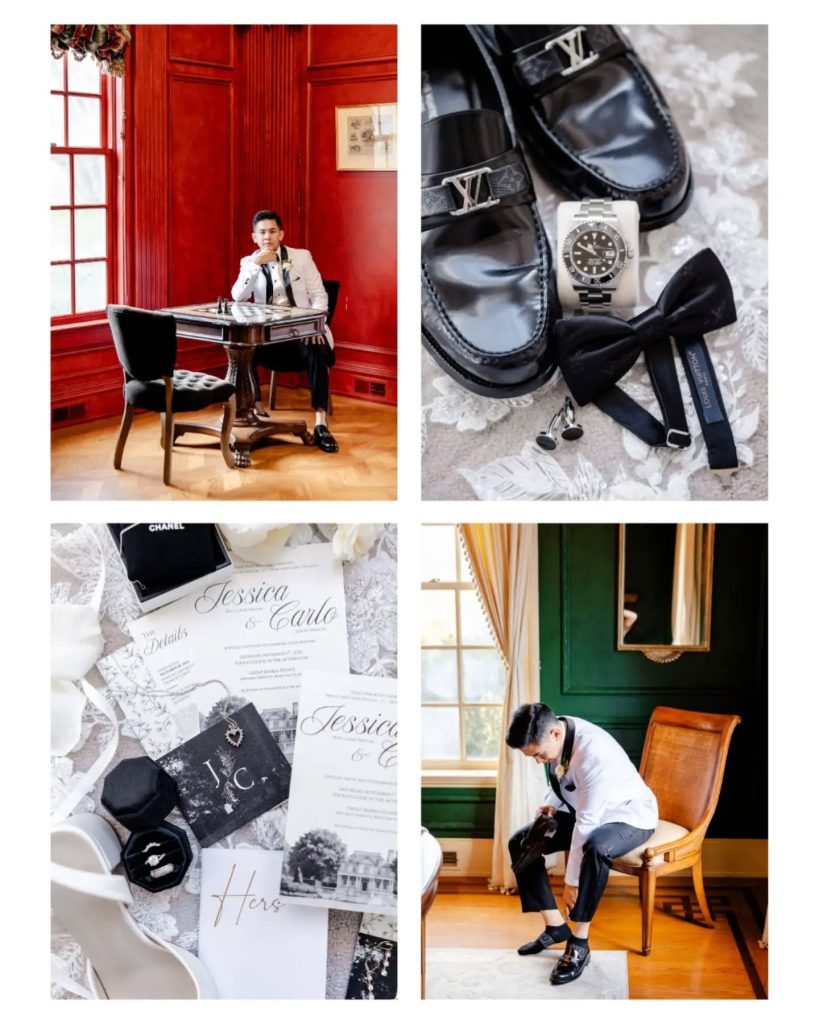 groom getting ready photos with details of his black shoes, wedding invitation, and outfit