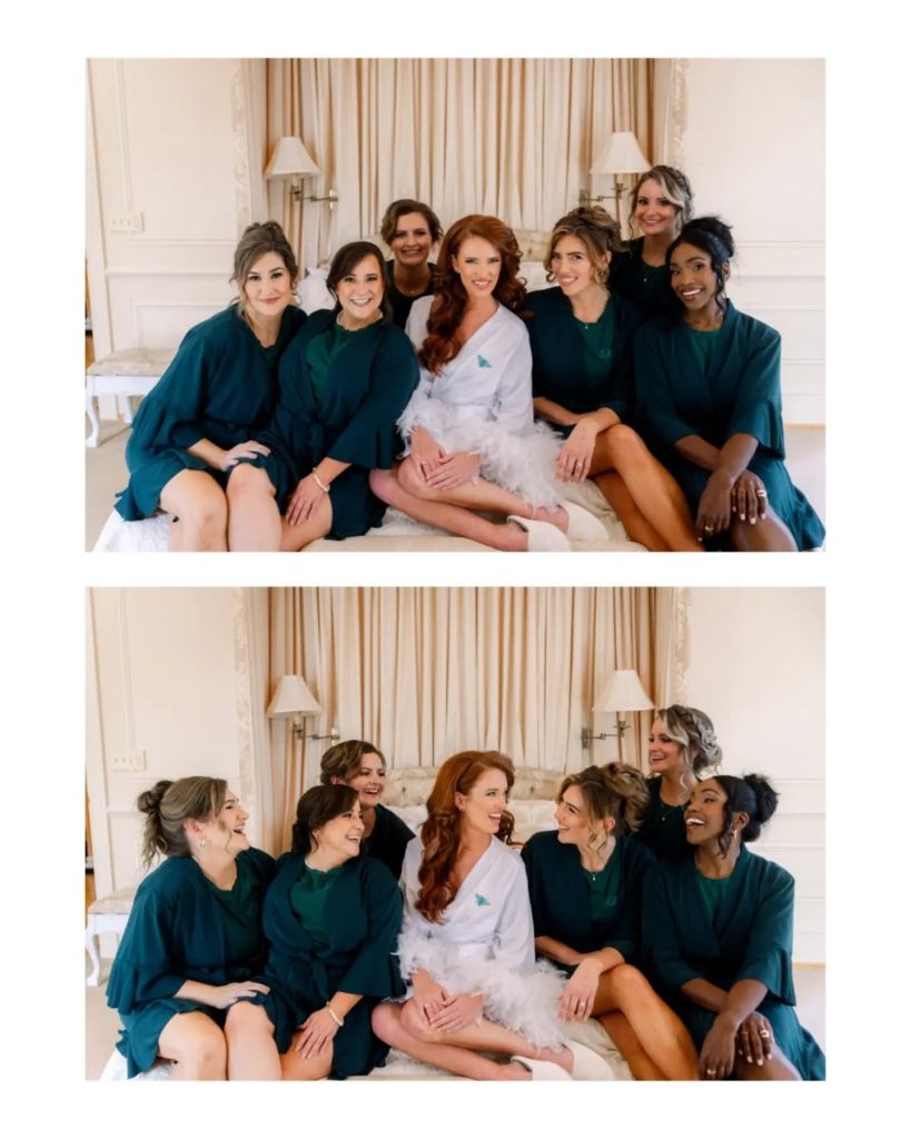 bride and bridesmaid in matching robes on bed during wedding morning in northern virginia