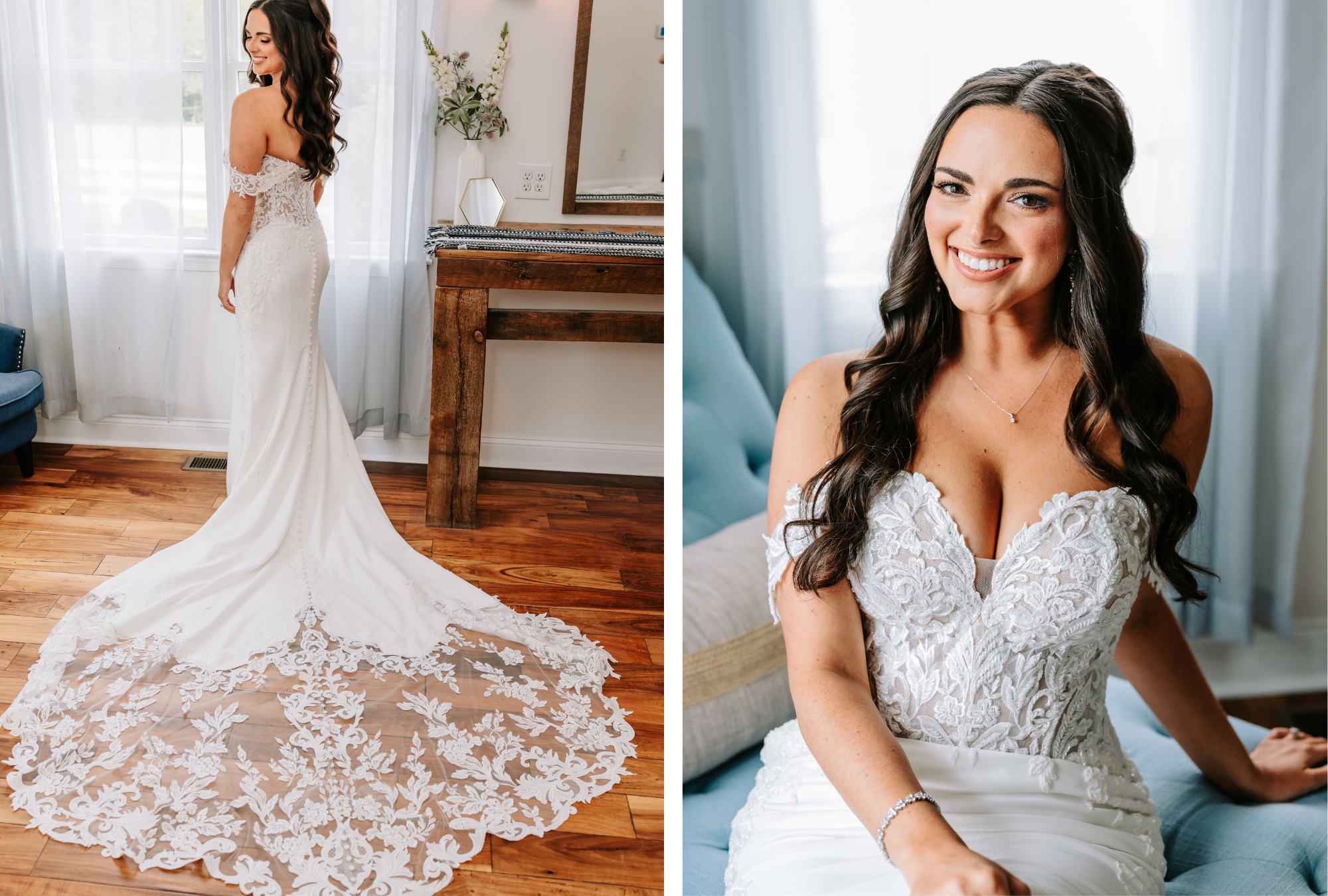 Side-by-side images of the bride in an off-the-shoulder lace wedding gown, highlighting the fitted silhouette, lace bodice, and cathedral-length train before the ceremony.