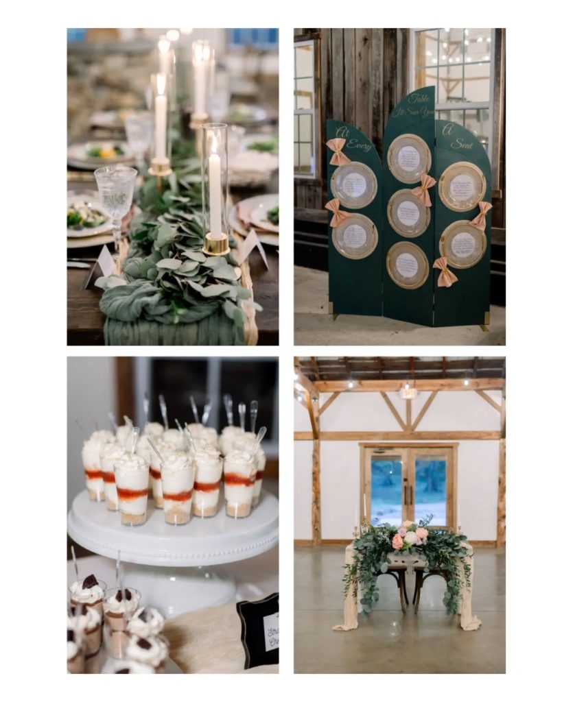 indoor wedding reception details of signs with taylor swift nods and a dessert table