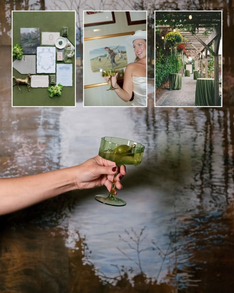 bride holding dirty martini cup on art background at salamander resort