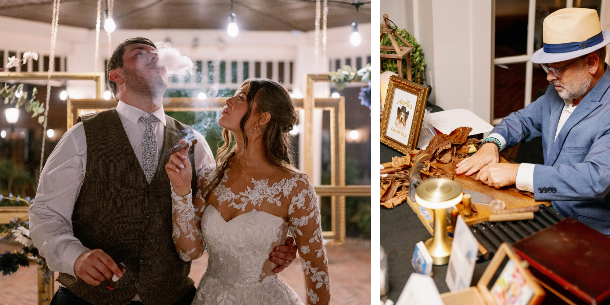 Bride and groom enjoy a cigar in the courtyard while a live cigar roller handcrafts cigars during their Delaware wedding reception.