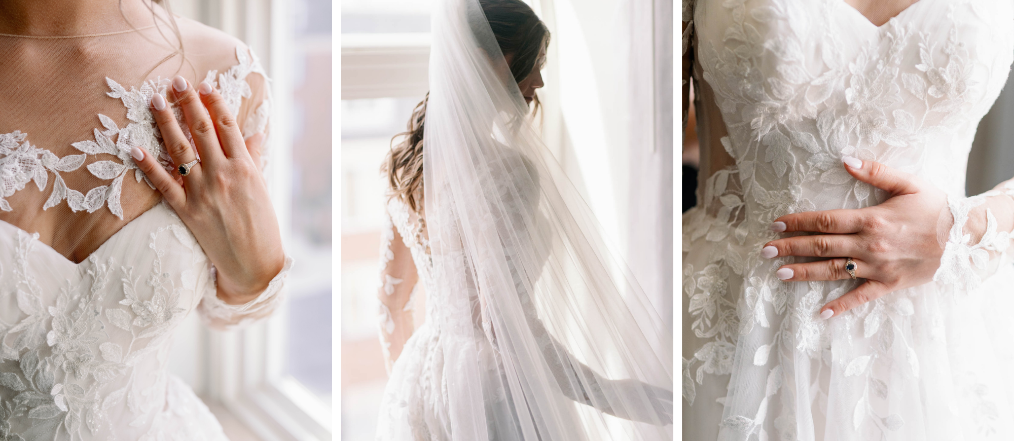 Close-up details of the bride’s wedding gown featuring floral appliqué, sheer sleeves, delicate embroidery, and a cathedral-length veil.