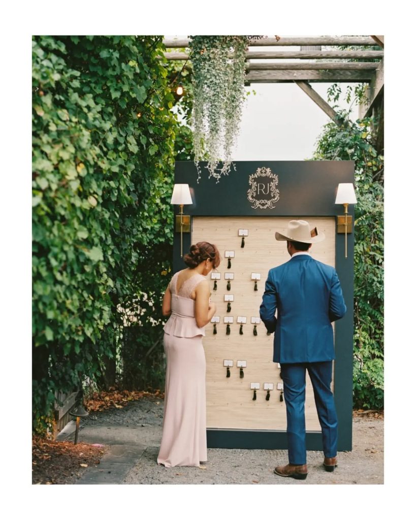 cowboy and date look at custom guest seating chart
