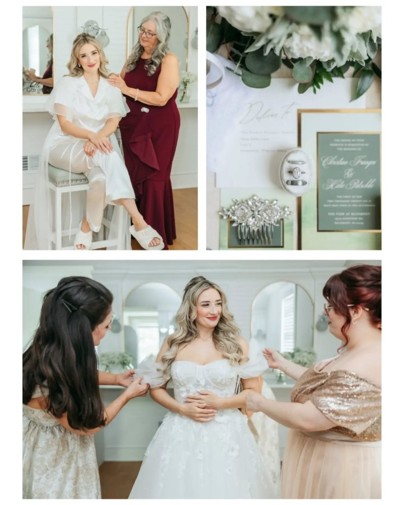 ready ready portraits of bride with her bridesmaid and green nature inspired wedding invitation suite
