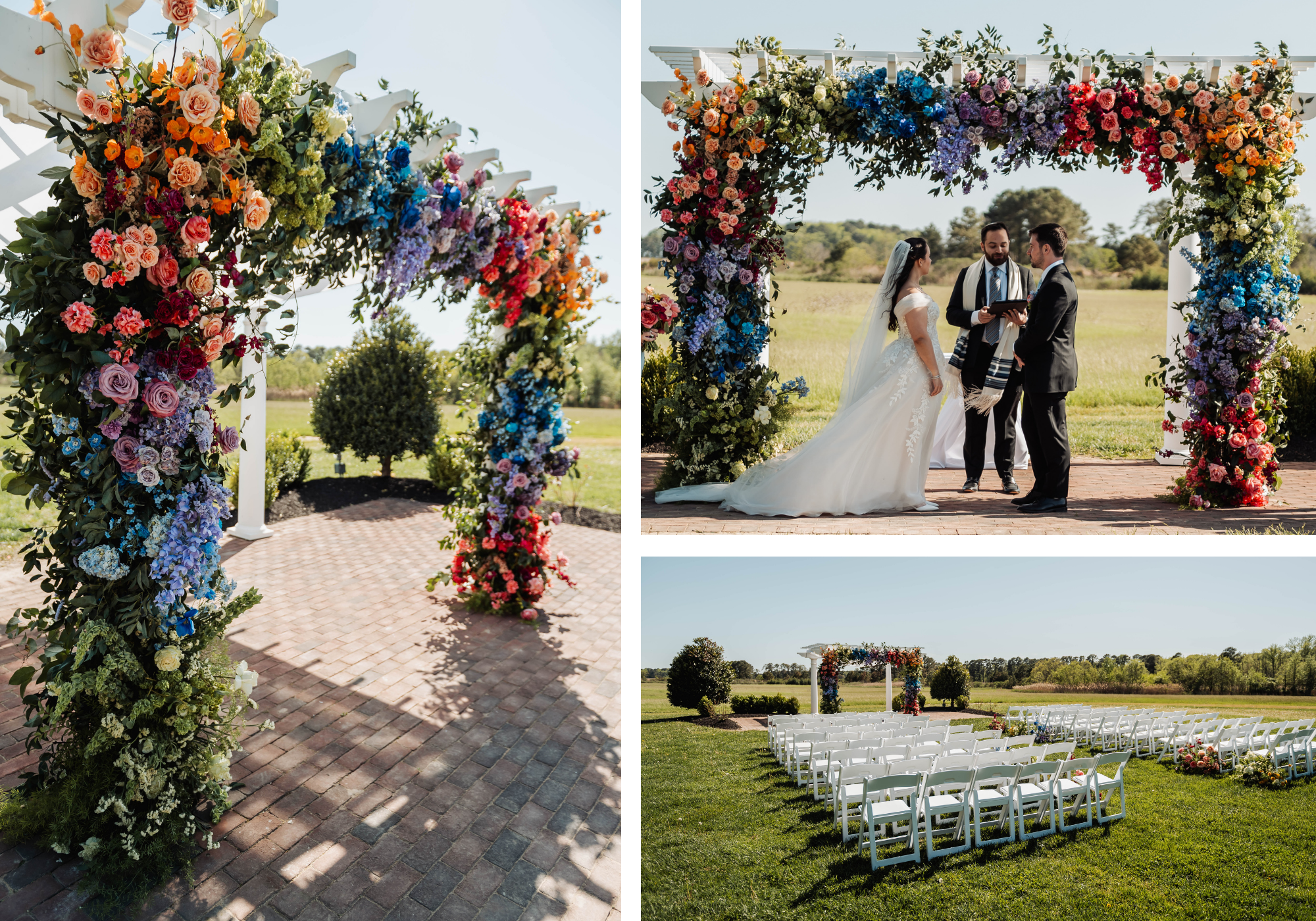 Rainbow ceremony florals at Kent Island Resort, including a colorful floral pergola, outdoor wedding ceremony, and ceremony seating on Maryland’s Eastern Shore.