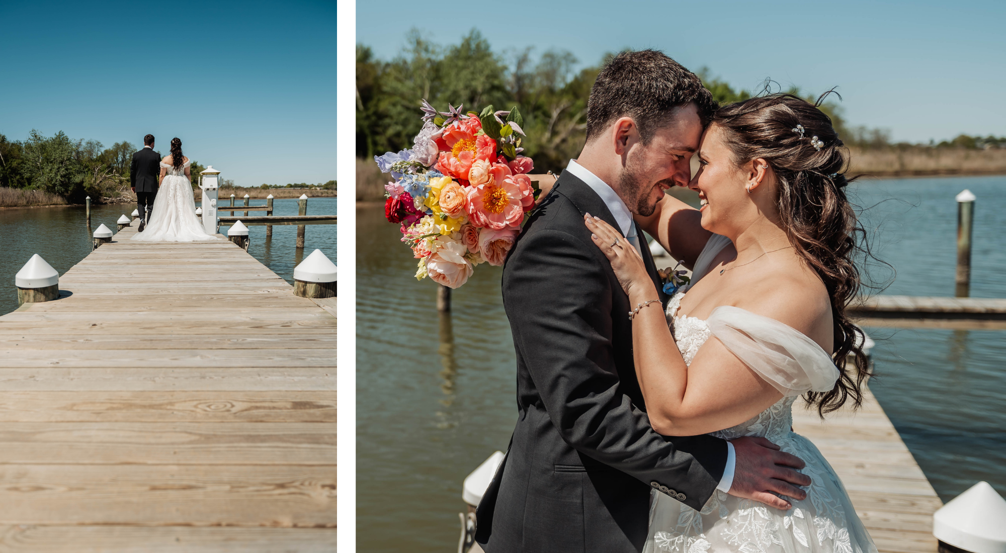 Bride and groom portraits on the waterfront dock at Kent Island Resort, including a wide dock view and close-up portrait with colorful wedding bouquet.