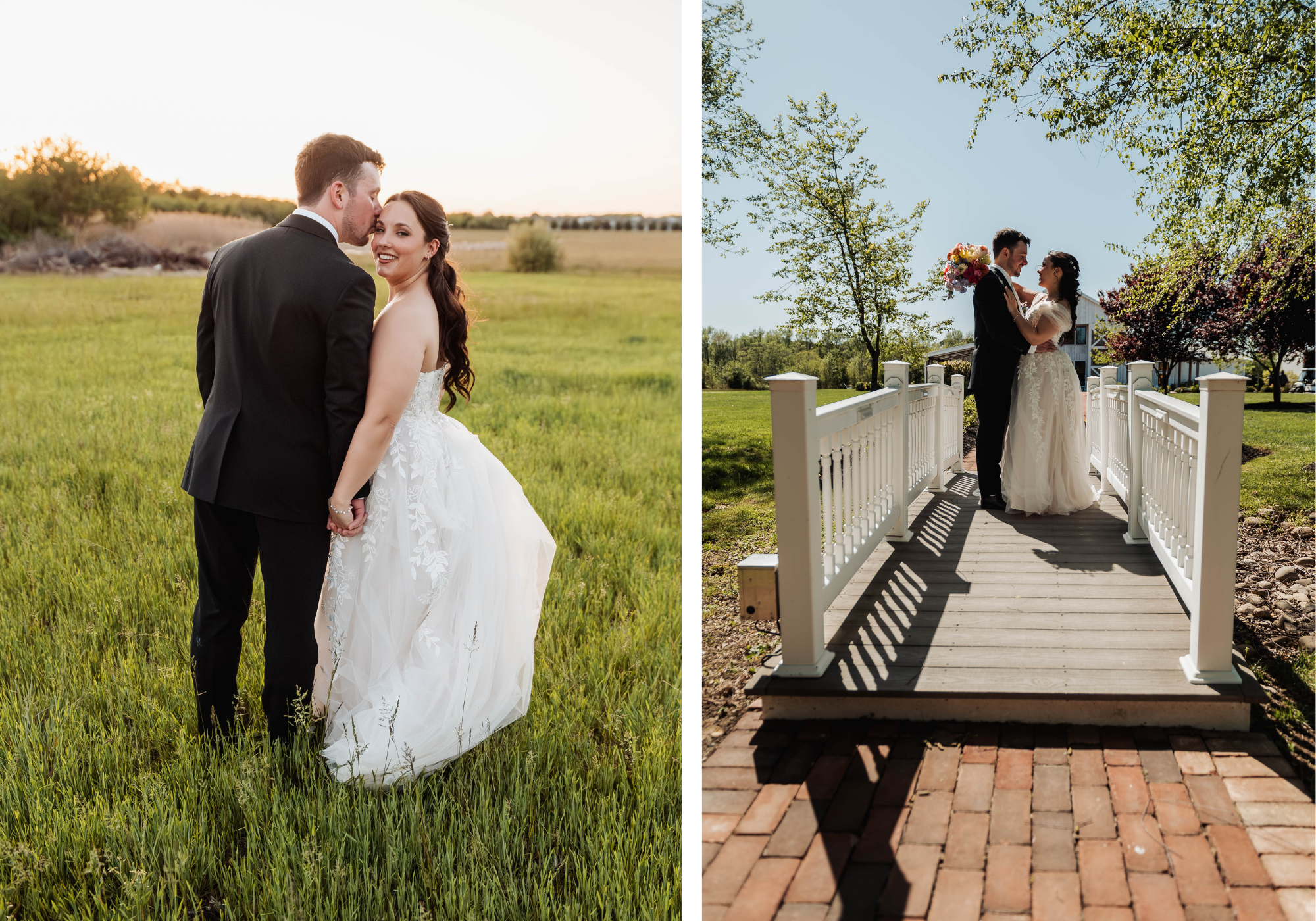 A wedding portrait of bride and groom standing together in an open field and a portrait of the couple kissing on a white bridge at Kent Island Resort on Maryland's Eastern Shore.