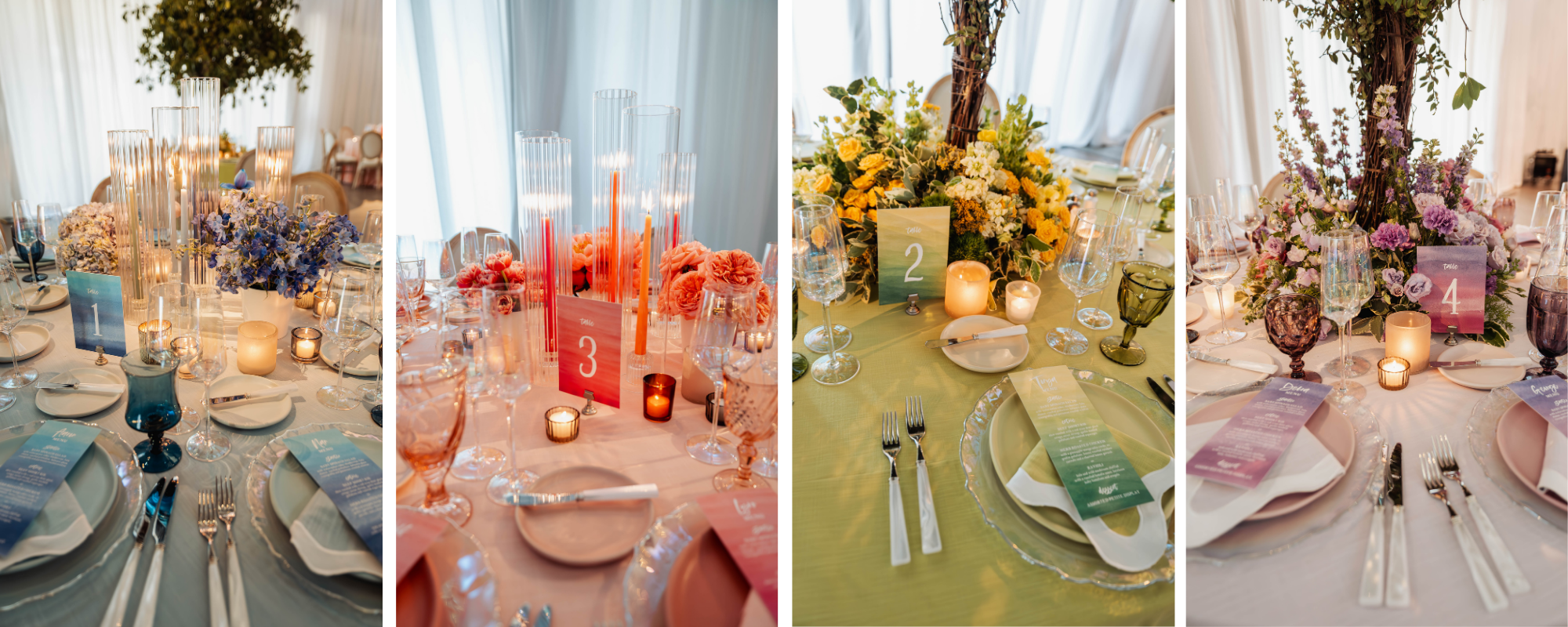 Color-coded wedding reception tablescapes at Kent Island Resort with colorful glassware, taper candles, florals, and layered place settings.