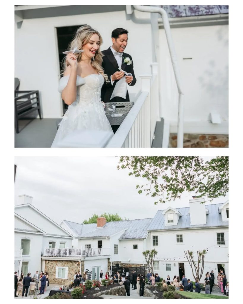 wedding venue outdoor mansion in NOVA bride and groom throwing paper planes off the balcony of luxury wedding venue