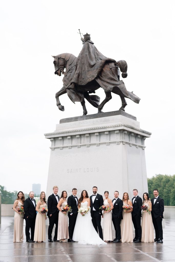 Bride and groom with their wedding party on Art Hill in St. Louis.