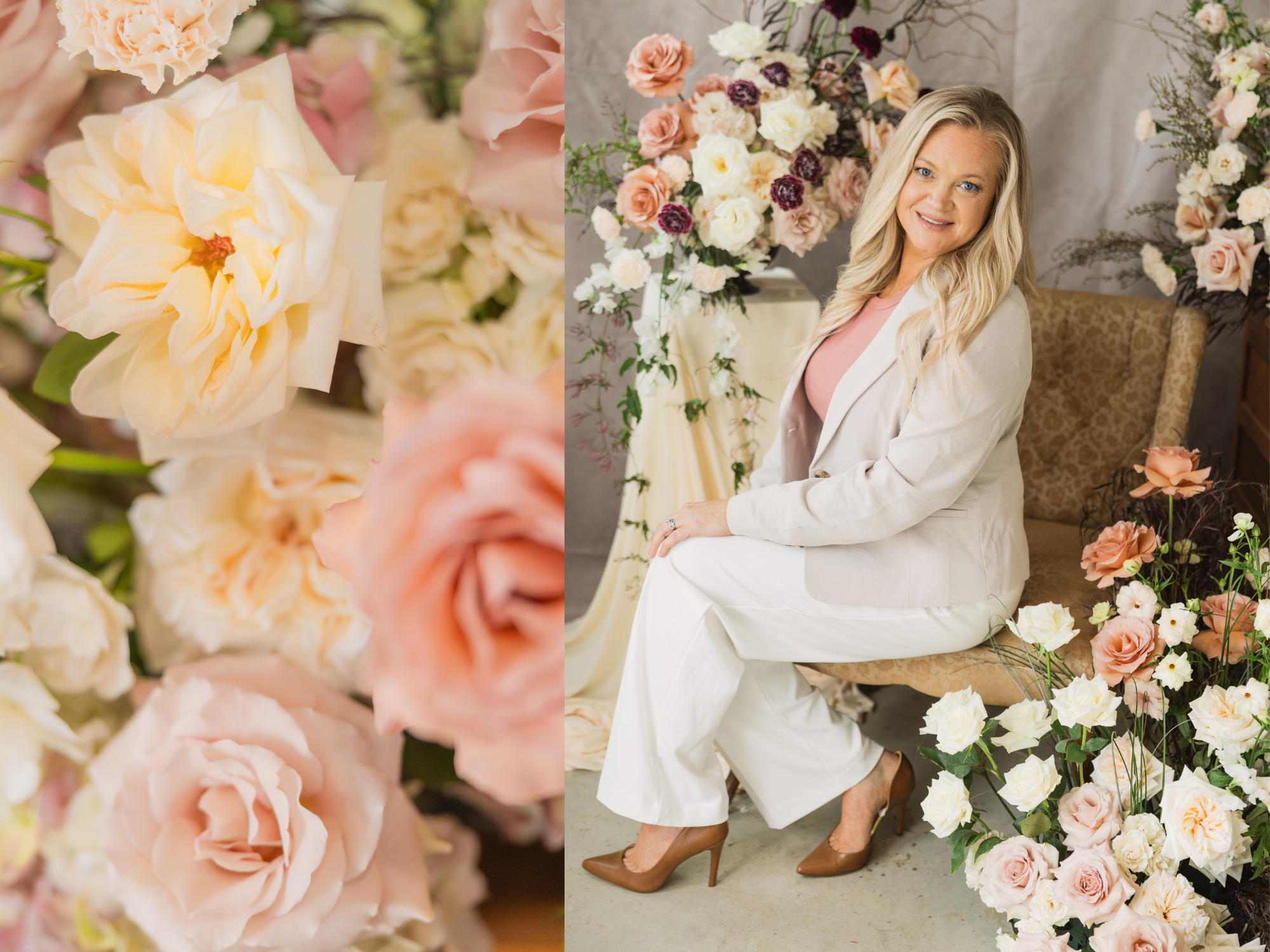 Close-up of pastel garden roses and portrait of floral designer Jamie of J. Starr's Designs surrounded by romantic floral arrangements in soft blush, ivory, and burgundy tones.