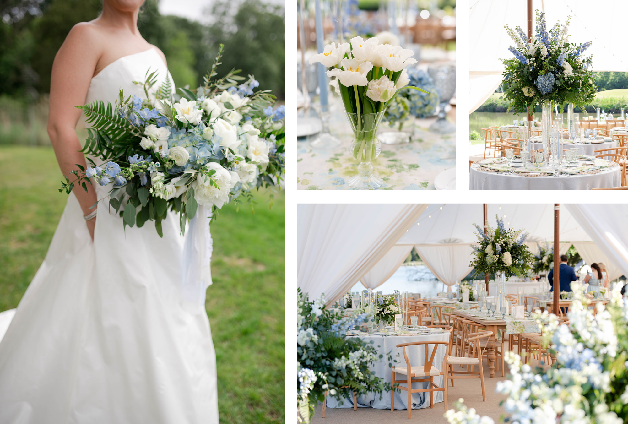 Blue and white wedding florals by J. Starr’s Designs, including an Eastern Shore bridal bouquet, reception centerpiece details, and a sailcloth tent reception decorated with lush floral arrangements.