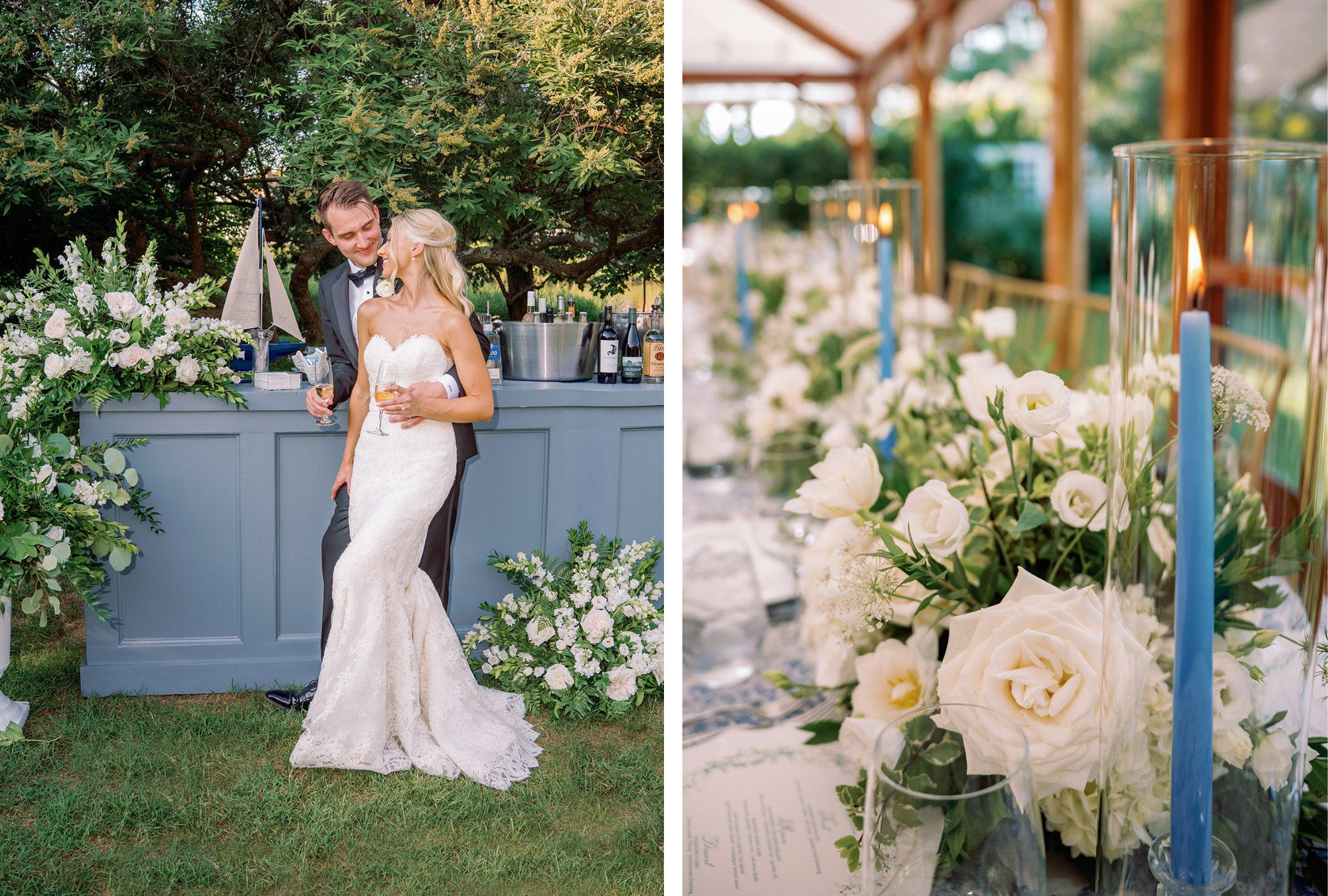 Bride and groom beside a floral-adorned bar installation and close-up of an Eastern Shore wedding tablescape featuring white blooms, greenery, and blue taper candles designed by J. Starr’s Designs.
