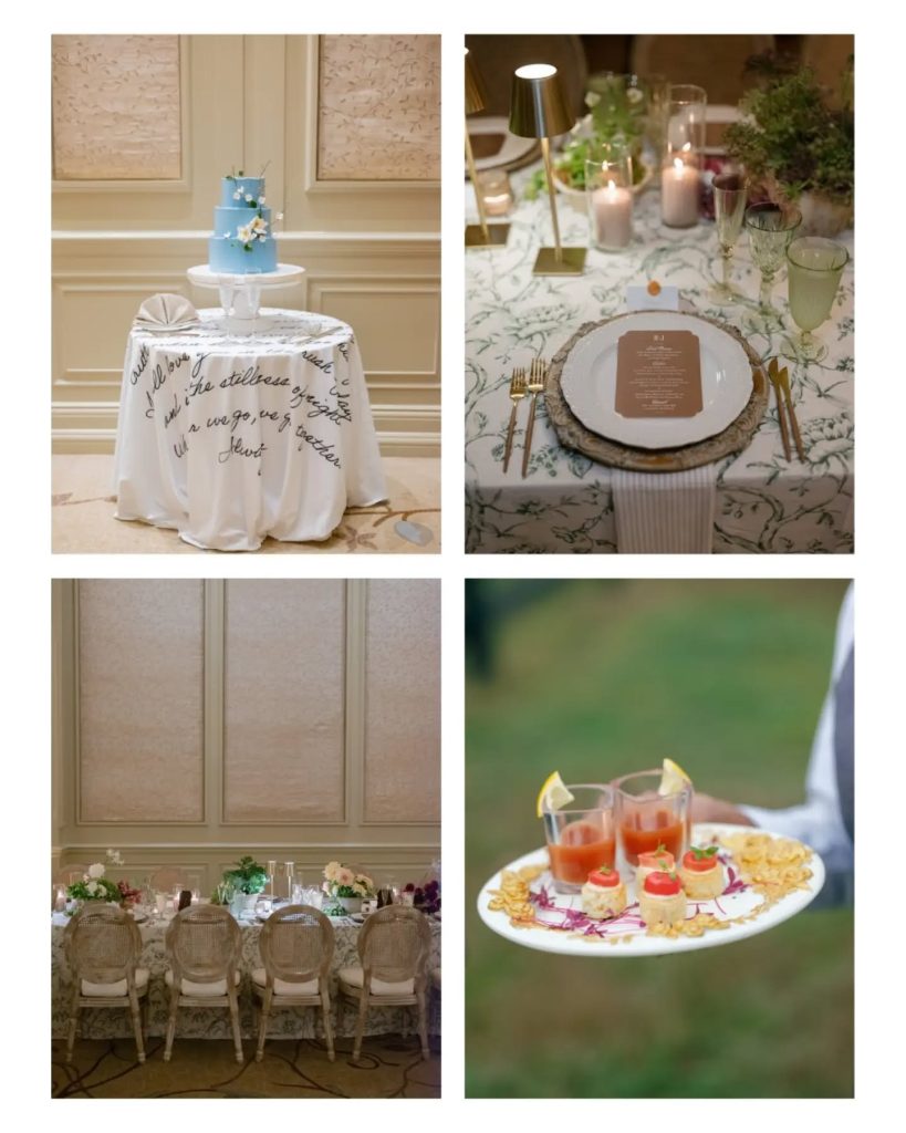 details photos of indoor reception in NOVA. blue wedding cake with word details on table cloth, appetizers, and tablescape