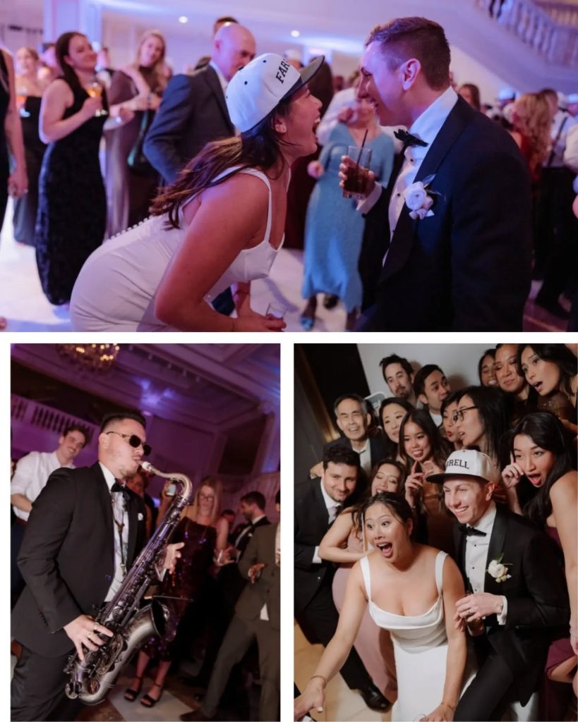 newlywed couple dancing on wedding dance floor with wedding guests with saxophone player in background