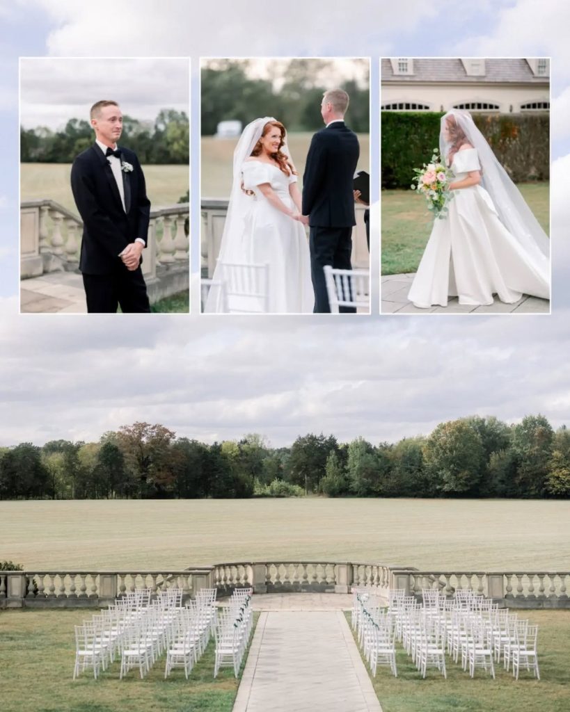 outdoor overview of wedding reception in northern virginia with smaller photos of bride and groom at wedding ceremony altar