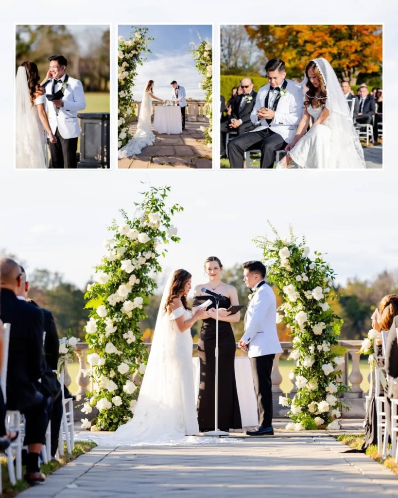 wedding ceremony details at their outdoor venue with large floral arch and filipino wedding traditions together