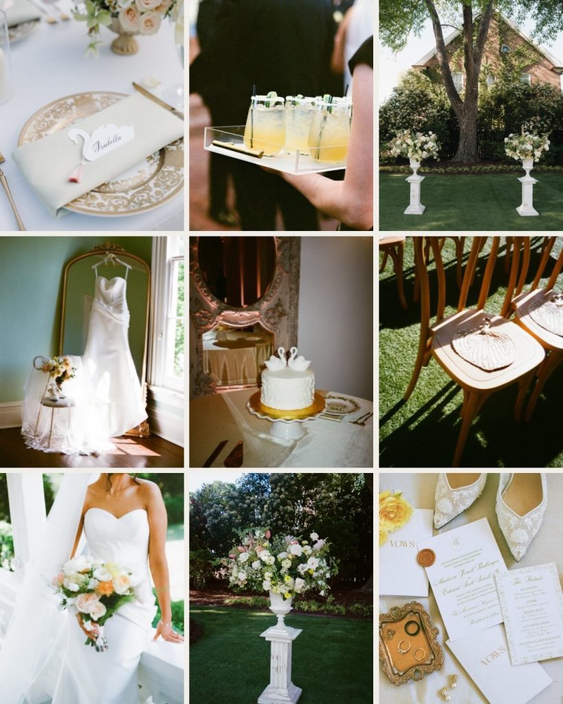 Spring wedding detail inspiration grid showing bridal accessories, floral pillars, and garden chic reception decor.