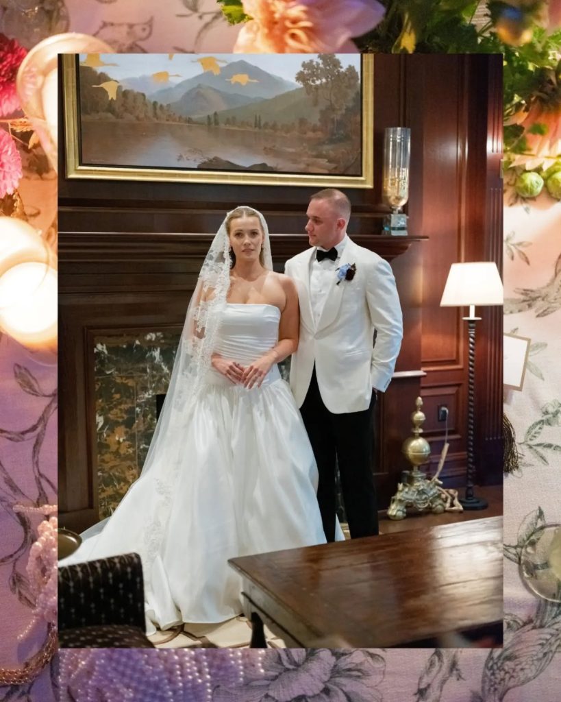 bride and groom posing at indoor northern virginia venue in front of fire place