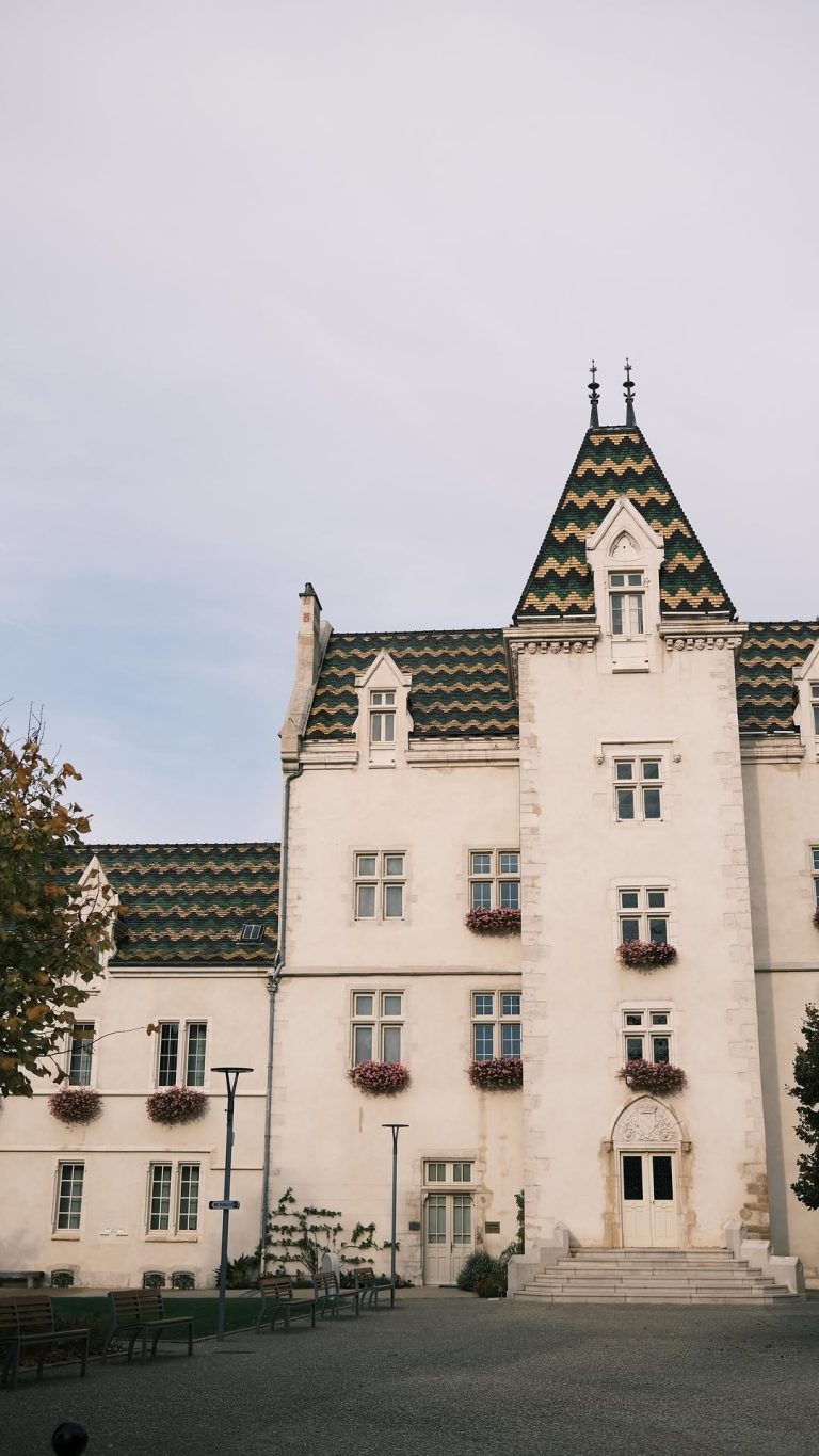 Historic European castle-style building with decorative patterned roof tiles, flower-filled window boxes, and elegant architectural details.