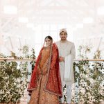 Traditional Indian wedding fashion inspiration showcasing a bride in a luxury lehenga and a groom in an elegant sherwani.