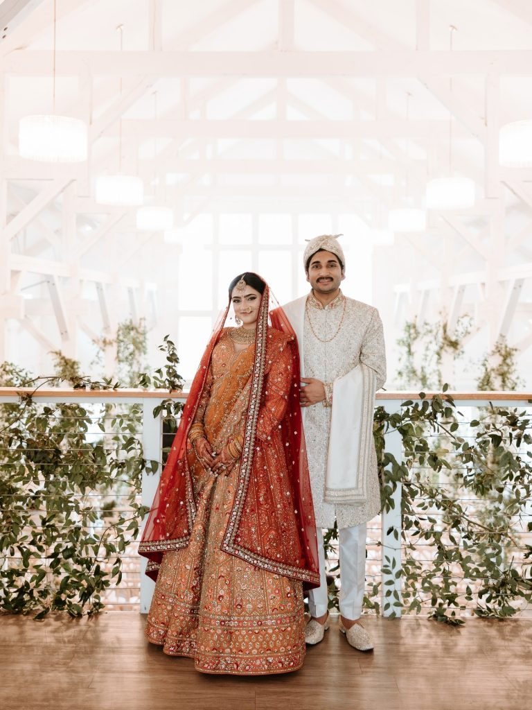 Traditional Indian wedding fashion inspiration showcasing a bride in a luxury lehenga and a groom in an elegant sherwani.