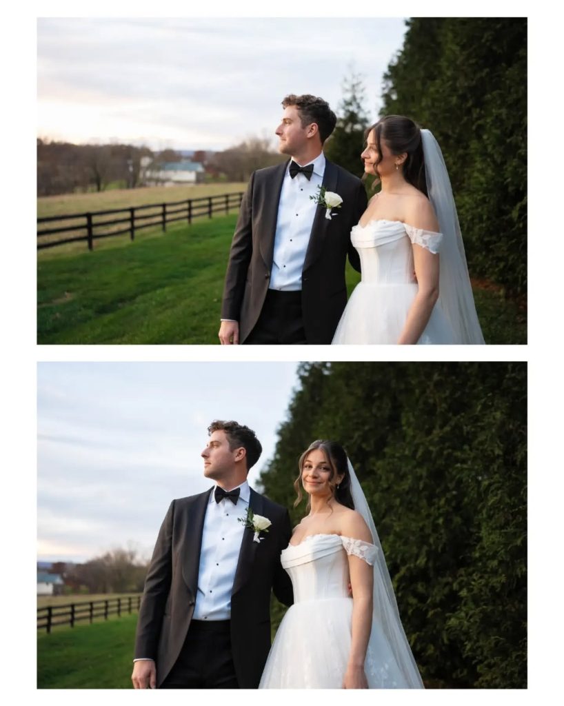 couples portraits at outdoor wedding venue in northern virginia looking out into distance and bride looking at camera