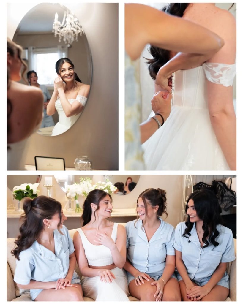 getting ready photos of bride with her bridesmaid and close ups of zipping up wedding dress and putting on jewelry. matching wedding day pajamas in northern virginia