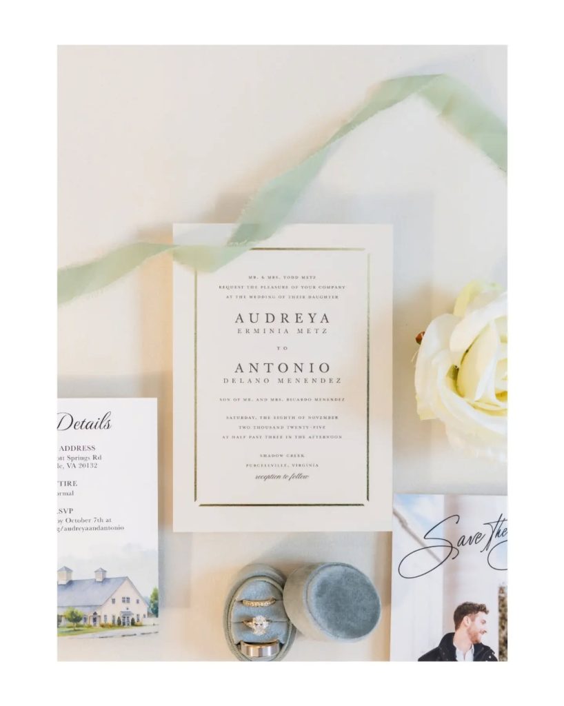 simple wedding invitation suite with border and small wedding accessories around