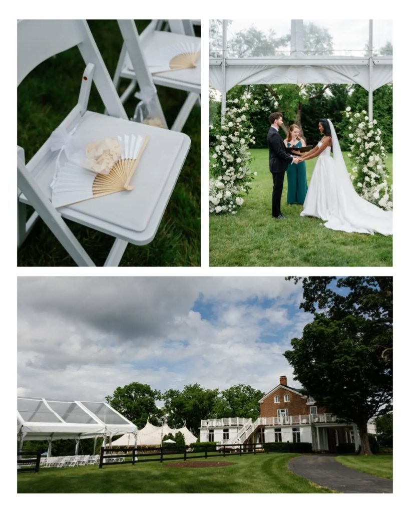 wedding ceremony details including luxury wedding venue in northern virginia, wedding ceremony seat with customized fans, bride and groom at the wedding altar