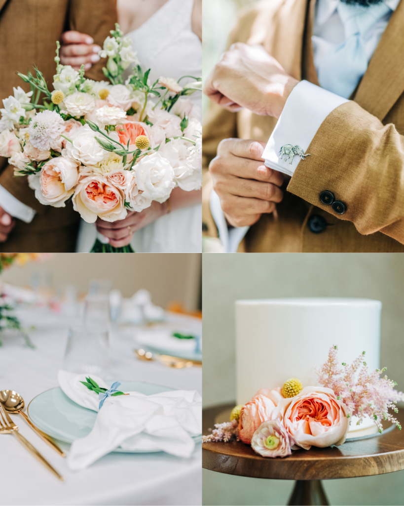 Wedding detail collage featuring a blush garden rose bouquet, elephant cufflinks, elegant reception place setting, and floral accented wedding cake from a Daniel Stowe Botanical Garden wedding.