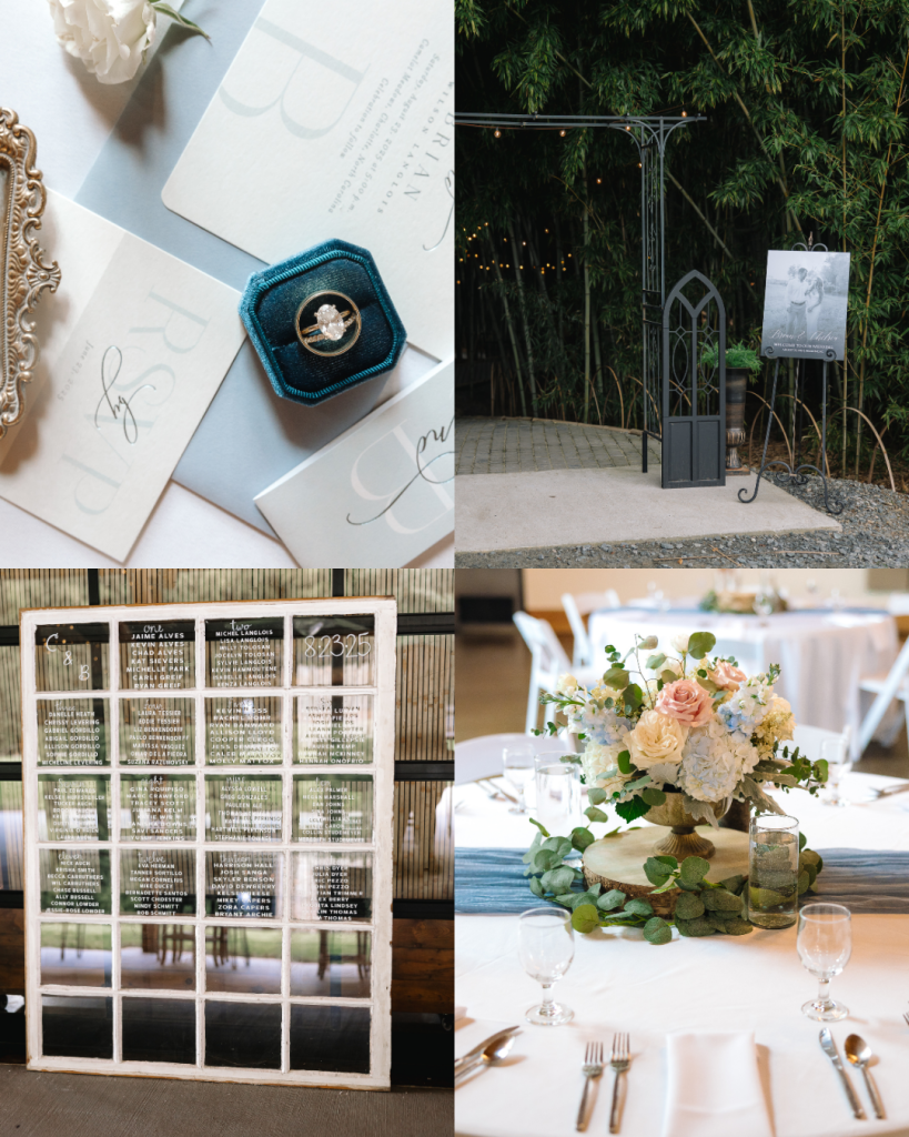Wedding invitation suite, ceremony entrance, vintage window seating chart, and floral reception centerpiece at a Charlotte wedding at Camelot Meadows.