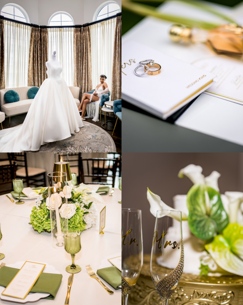 Editorial collage featuring the bride's gown, wedding rings, floral centerpiece, and custom champagne flutes with green and white reception details.