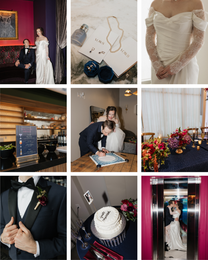 Wedding details including invitation suite, jewelry, signature drinks, reception décor, guest book, cake, boutonniere, and elevator portrait from Alexis and Cam's Charlotte wedding.