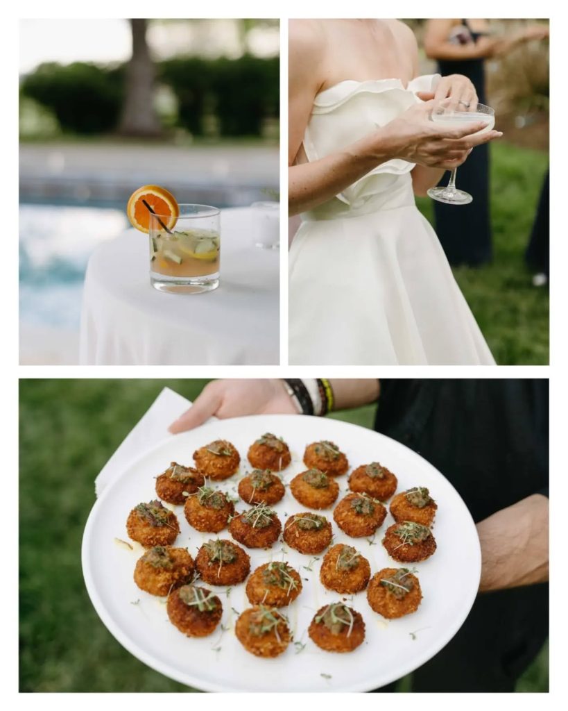 close up of passed appetizers from farm to table wedding venue, signature drink, and bride holding signature drink. DMV wedding venue luxury venue
