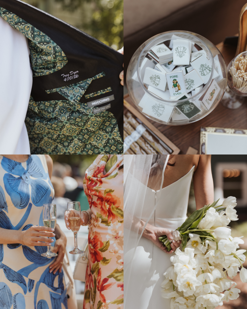 Wedding day details including the groom's custom jacket lining, personalized matchbooks, champagne, and the bride's white tulip bouquet inspired by Masters weekend.