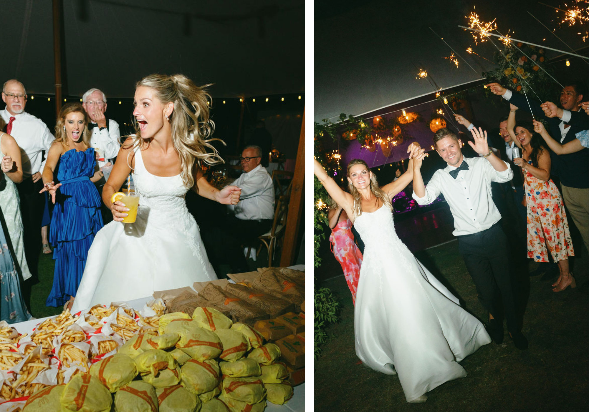 Late-night reception moments featuring McDonald's cheeseburgers, dancing beneath sparklers, and the couple's sparkler exit under the night sky.