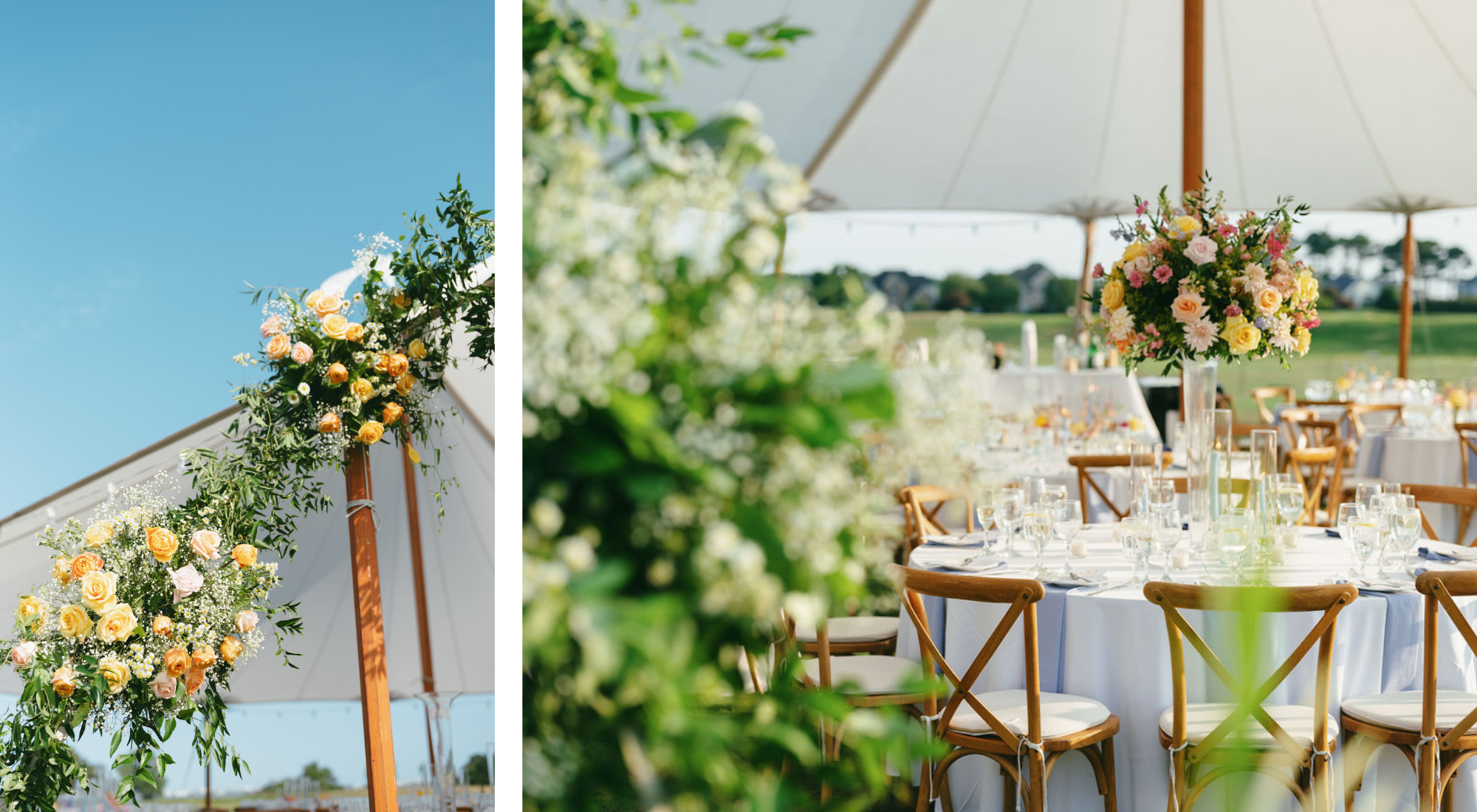 Garden-inspired floral installations decorating the sailcloth tent with colorful centerpieces, climbing greenery, and waterfront reception tables overlooking the bay.