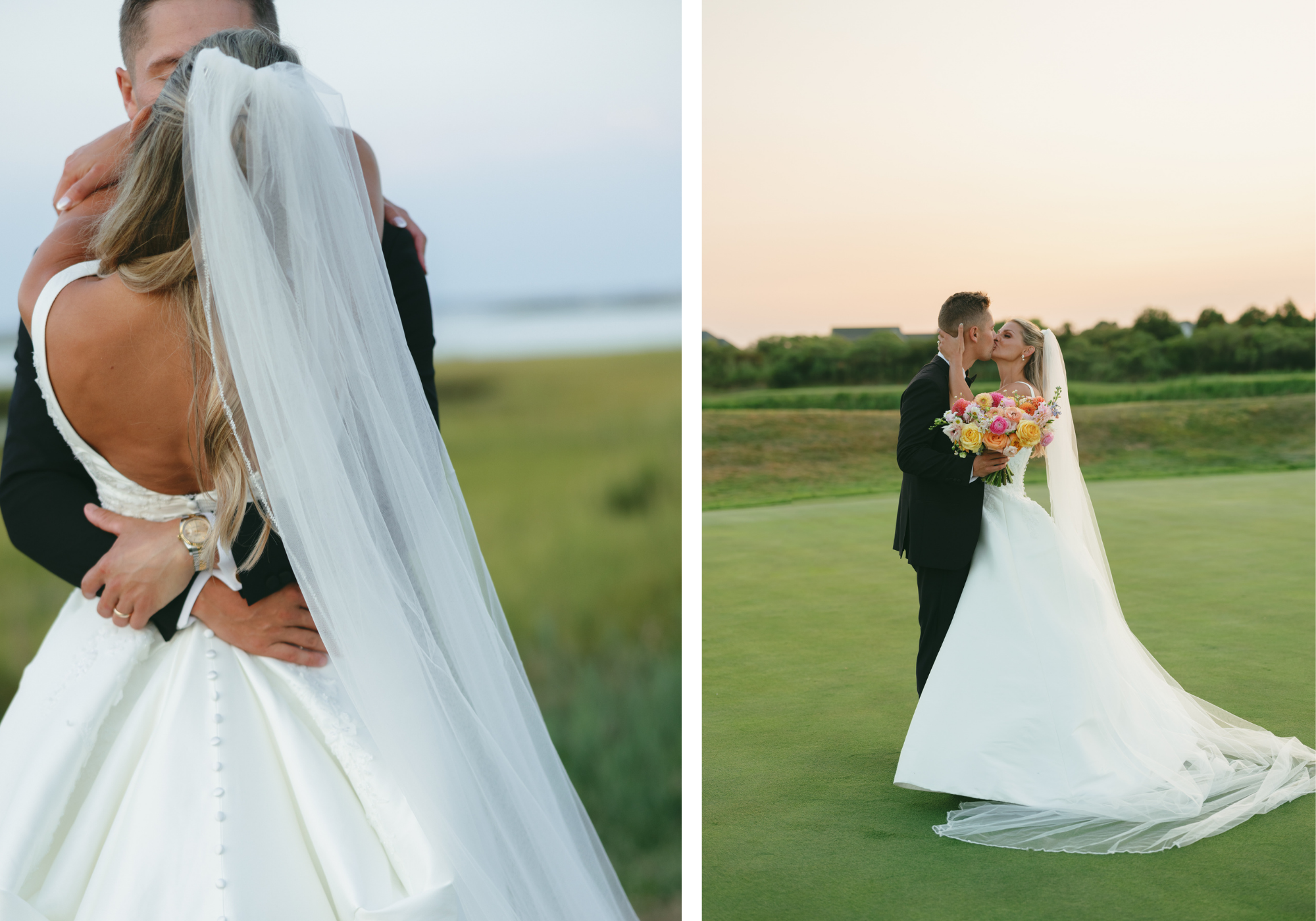 Bride and groom sharing quiet sunset portraits before the evening celebration at their waterfront Maryland wedding.