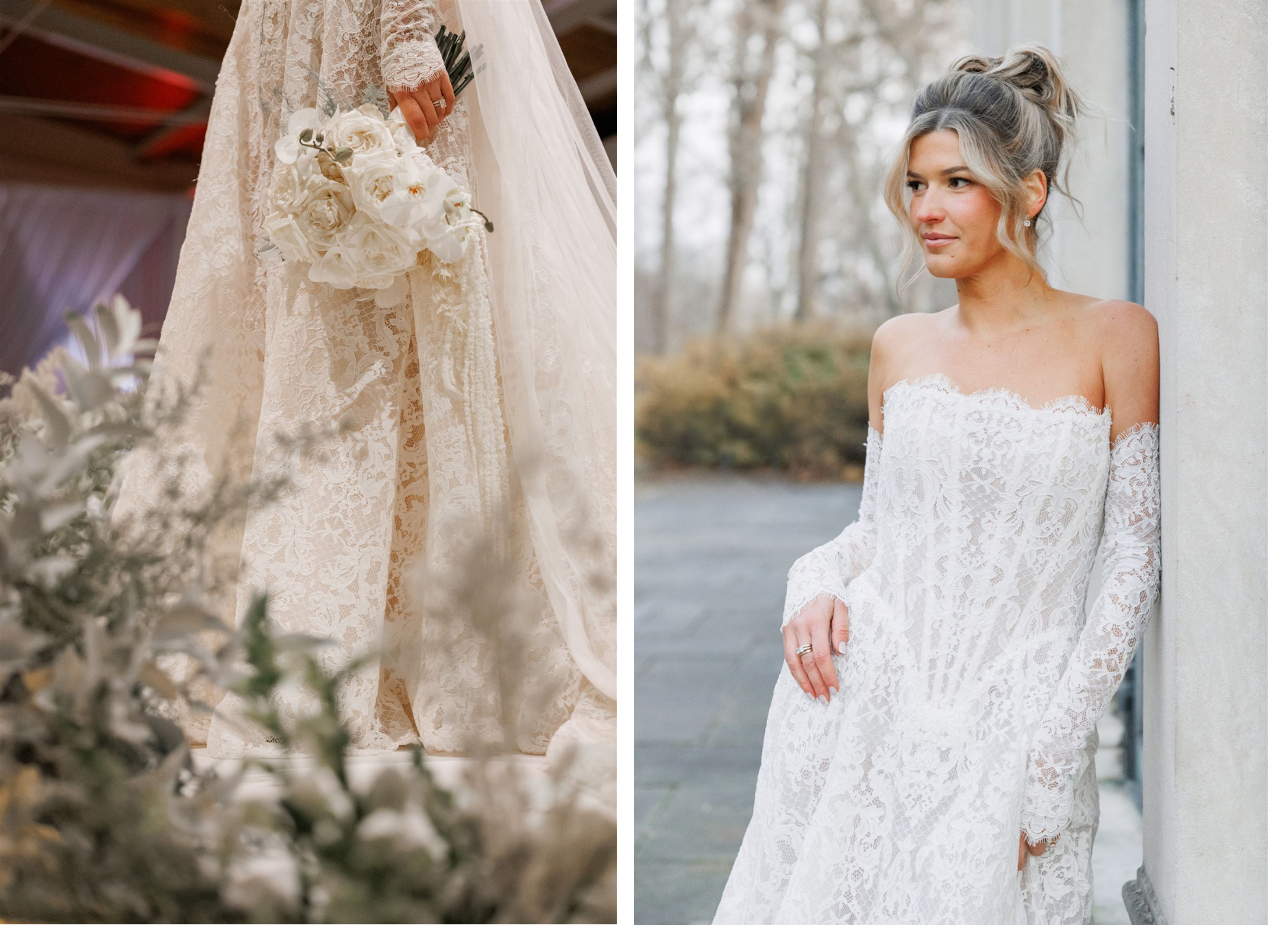 Close-up of the bride's lace wedding gown and cascading white bouquet alongside a bridal portrait showcasing the gown's intricate lace, off-the-shoulder sleeves, and romantic winter styling at Winterthur.
