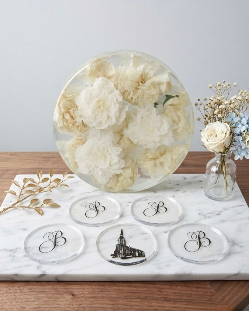 Emma’s preserved white wedding flowers displayed in a resin sphere with custom monogrammed keepsakes by Raediant Design.