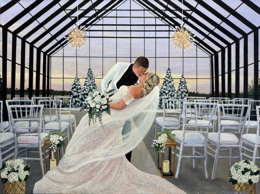 Hand-painted wedding portrait of a newlywed couple kissing inside a glass chapel with white floral arrangements.