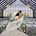 Hand-painted wedding portrait of a newlywed couple kissing inside a glass chapel with white floral arrangements.